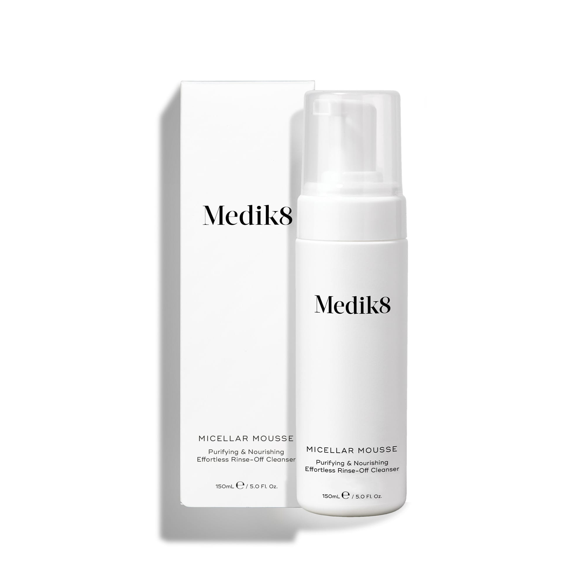 Medik8 Micellar Mousse purifying pH-balanced cleanser in a pump bottle, gentle foaming skincare product for clean, refreshed skin.