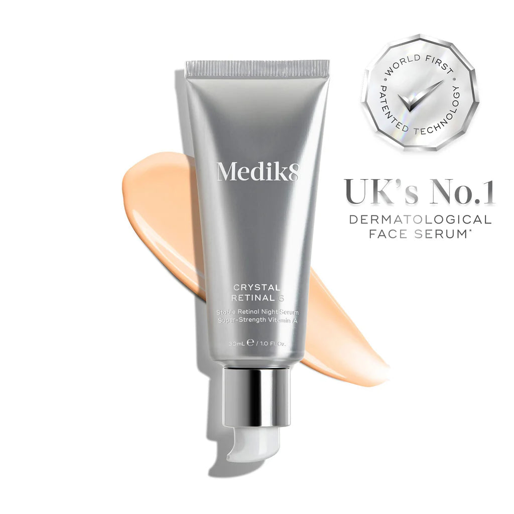 Medik8 Crystal Retinal® 6 night serum bottle, skincare product with clear packaging and dropper for anti-aging skincare routine.
