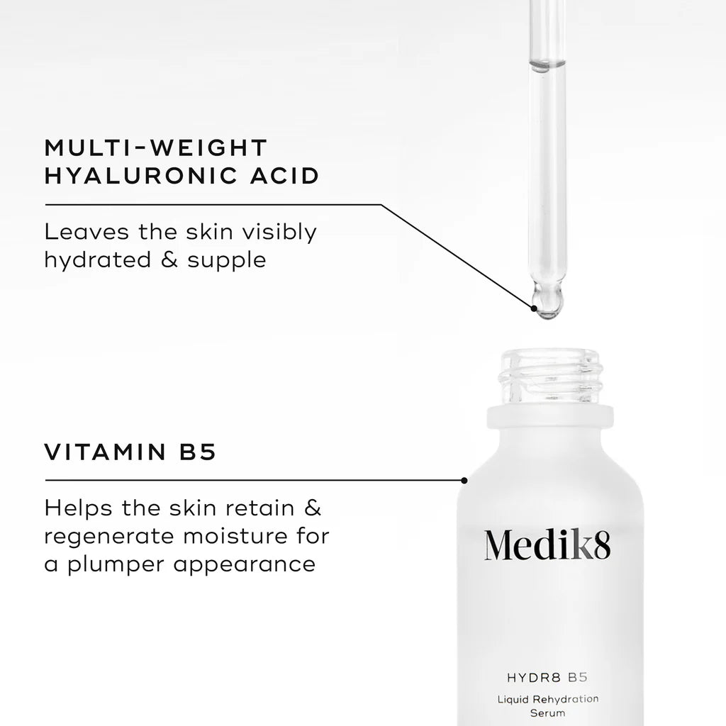Medik8 Hydr8 B5 hyaluronic acid serum in 30ml bottle, hydrating skincare product with a clear dropper and sleek packaging.