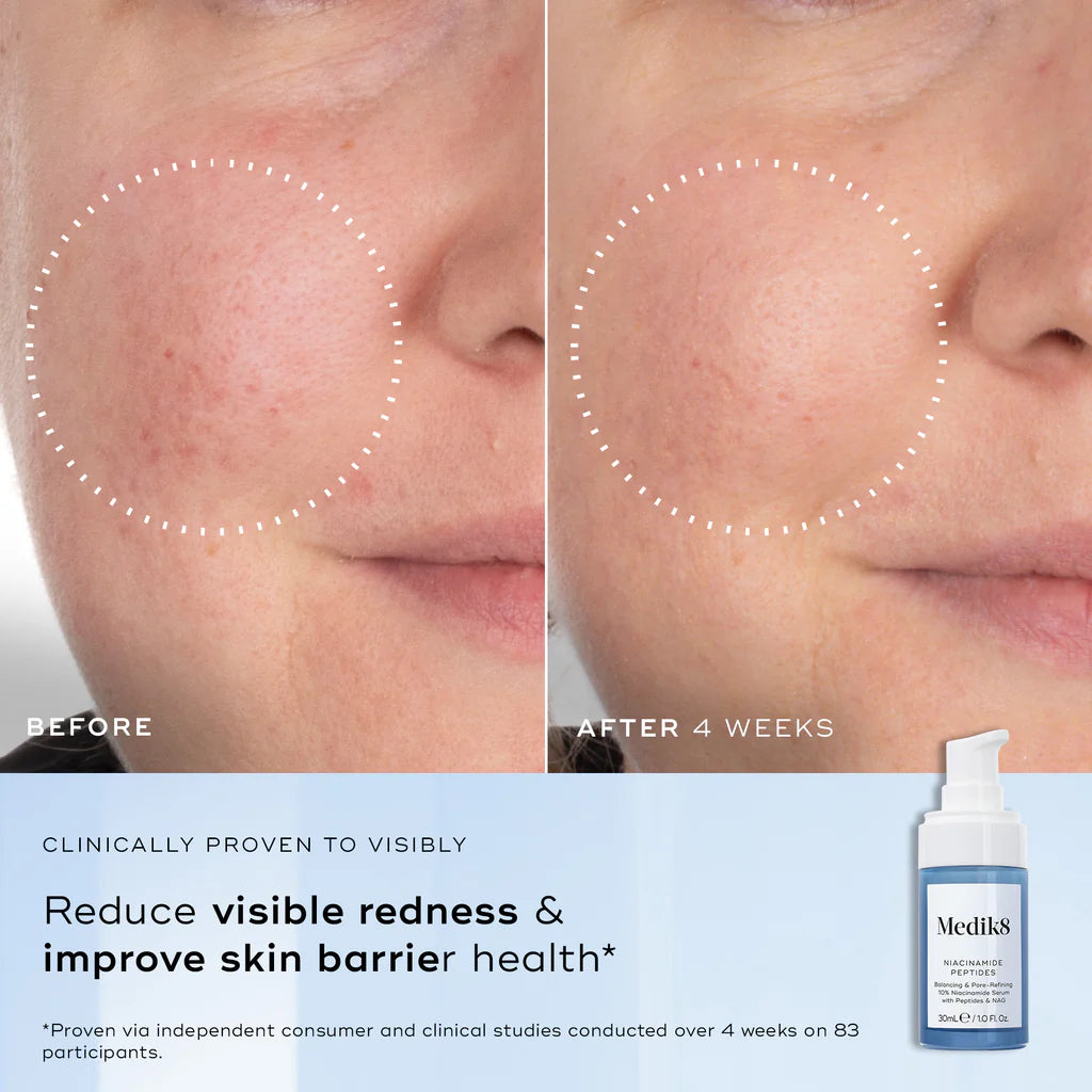 Medik8 Niacinamide Peptides serum with 10% niacinamide and peptides in a 30ml bottle for skincare.
