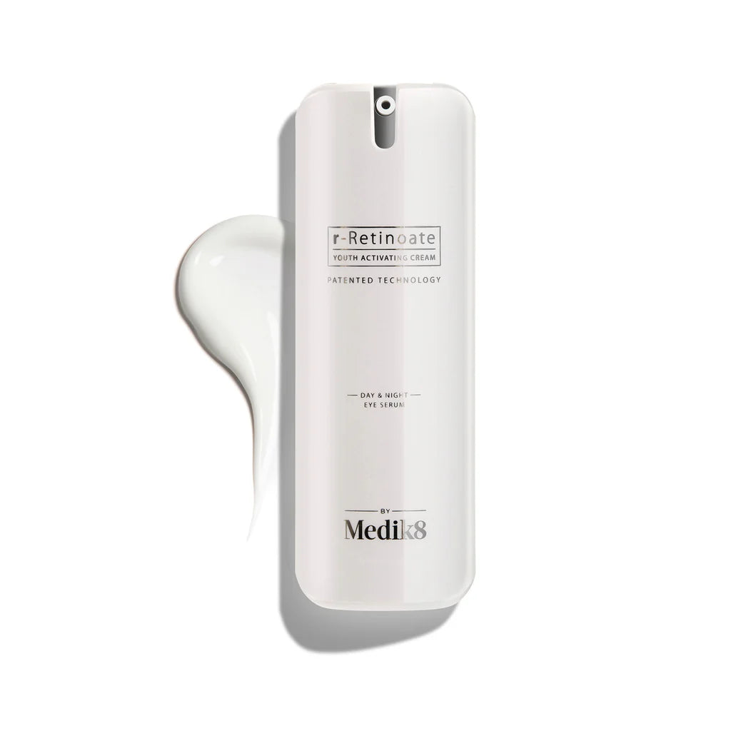 Medik8 R-RETINOATE® Day & Night Eye Serum in a sleek skincare bottle, designed to target fine lines around the eyes.