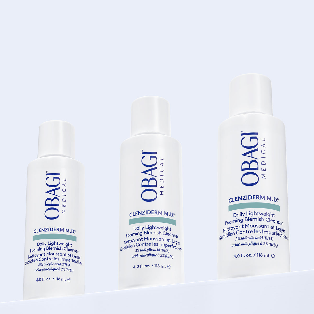 Obagi CLENZIderm M.D. Foaming Cleanser with 2% Salicylic Acid, in a white pump bottle, for clear, acne-prone skin.