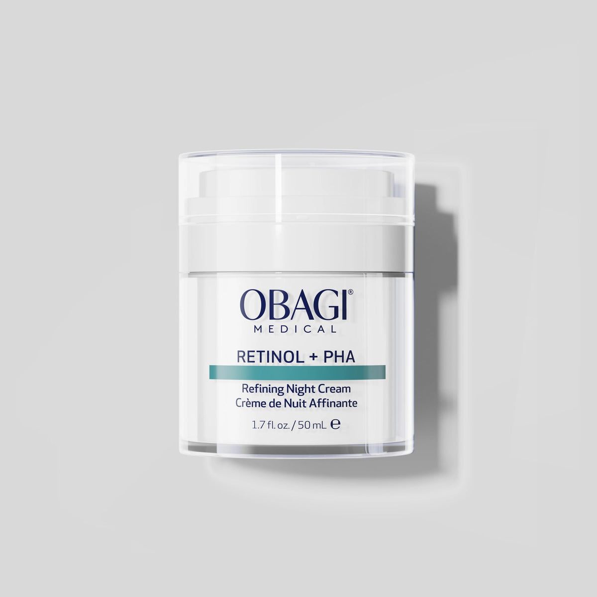 Obagi Retinol + PHA Refining Night Cream in 50ml jar, showcasing the skincare product with a sleek container.