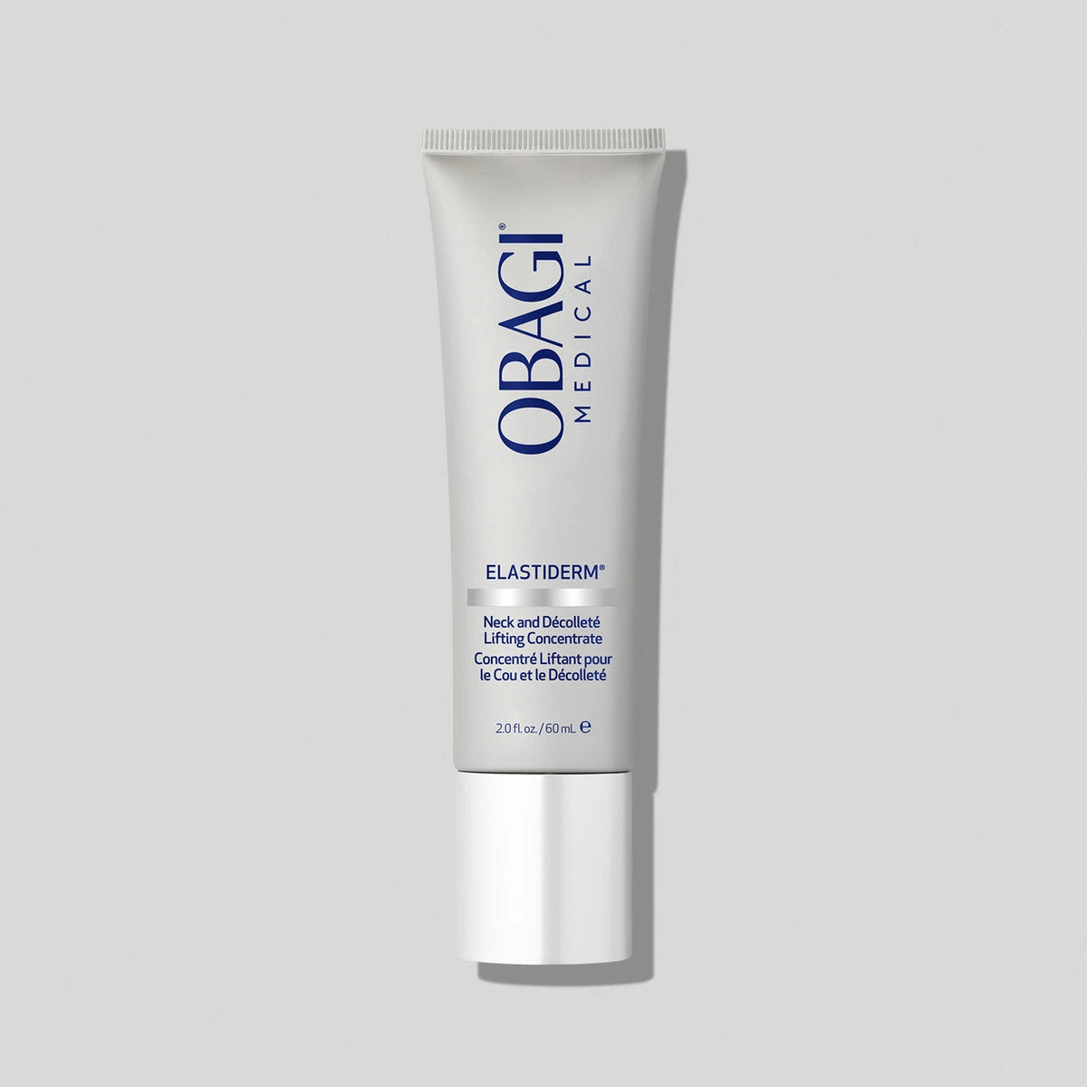 Obagi ELASTIderm Neck and Decollete Concentrate in a 60ml bottle, showcasing the skincare product with a sleek container.