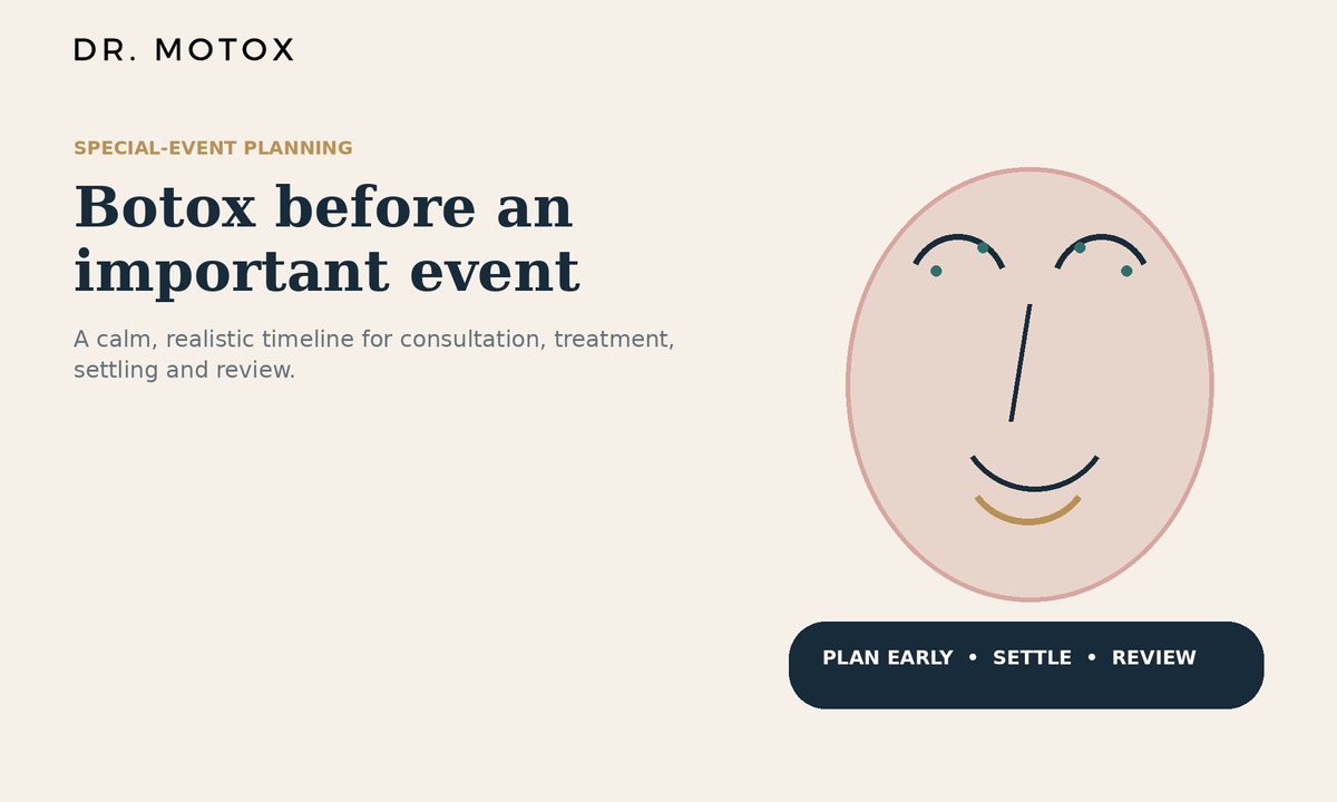 Branded Dr Motox illustration showing Botox planning before an important event