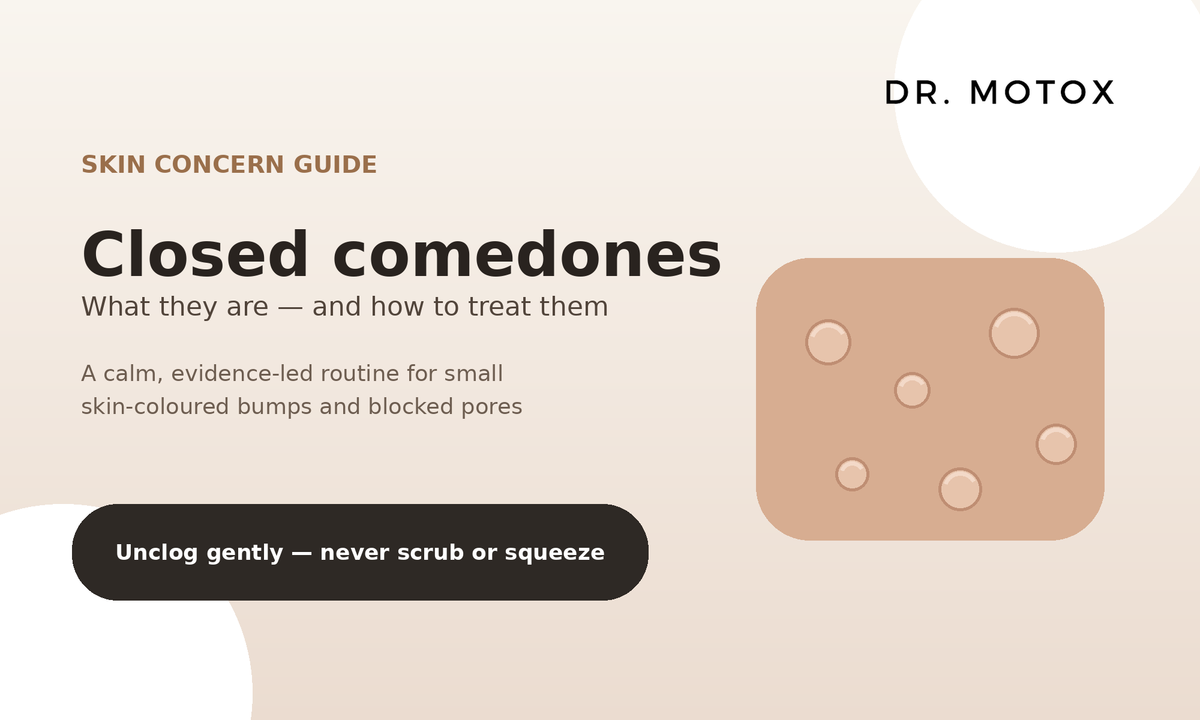 Closed comedones skincare guide by Dr Motox showing small skin-coloured blocked pores