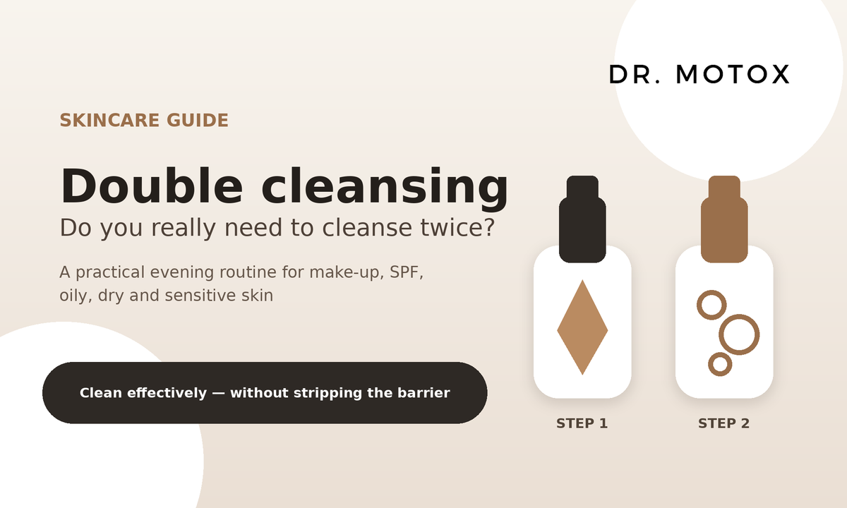 Double cleansing skincare guide by Dr Motox showing two cleansing steps