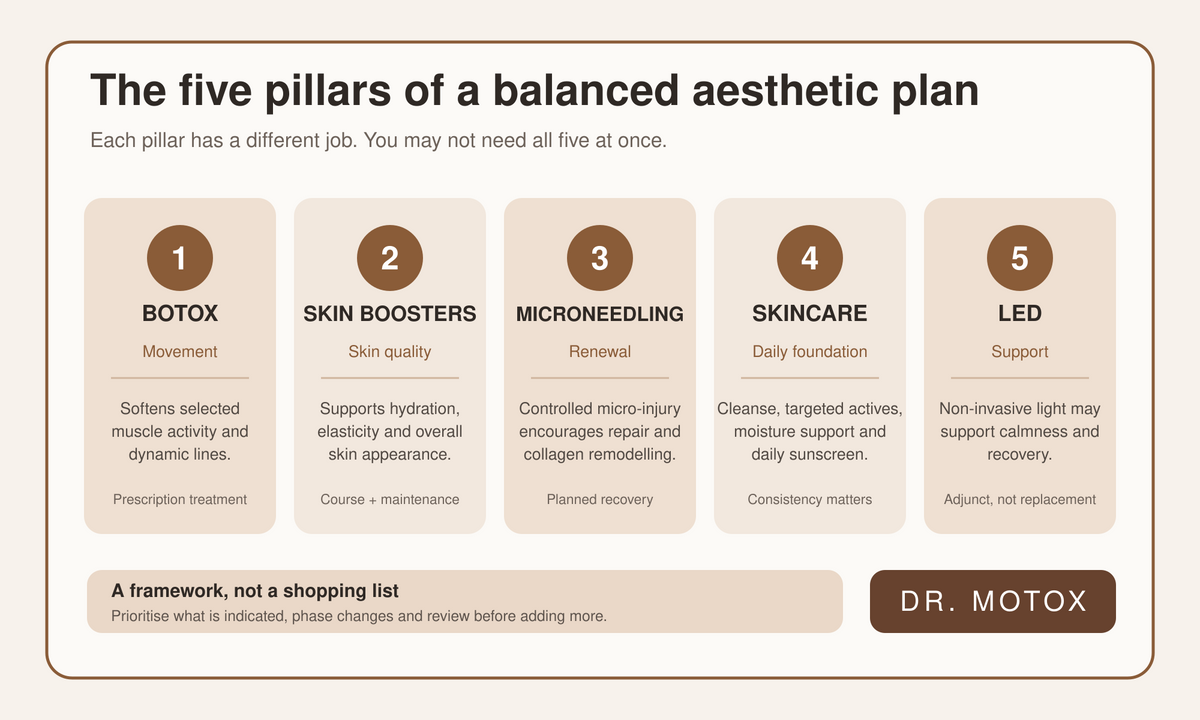 Diagram showing the five pillars of a Dr Motox aesthetic plan: Botox, skin boosters, microneedling, skincare and LED