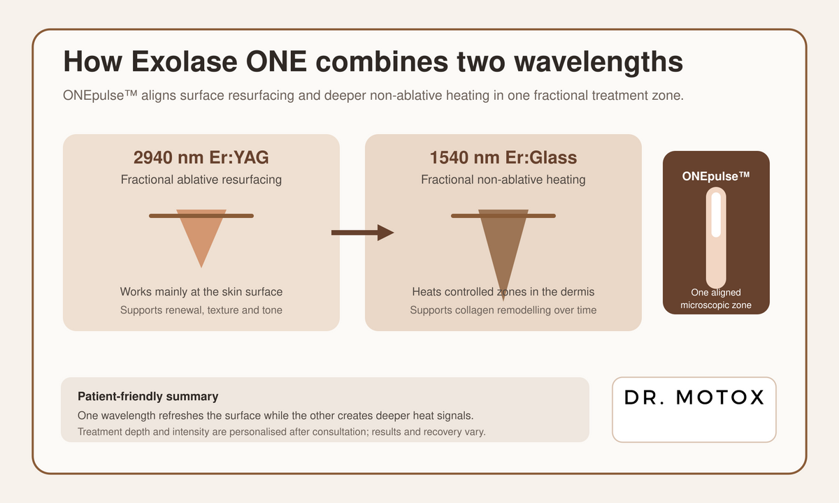 How Exolase ONE combines two laser wavelengths for surface renewal and deeper collagen remodelling