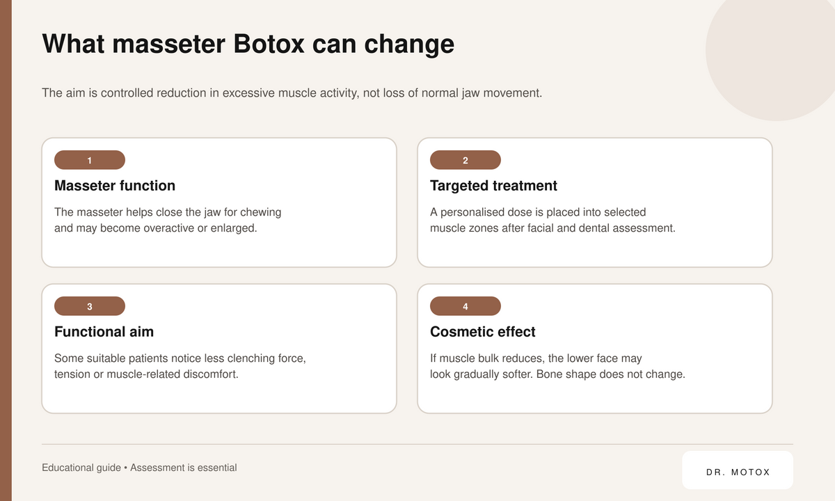 Dr Motox educational diagram explaining functional and cosmetic effects of masseter Botox.