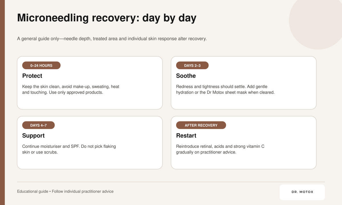 Dr Motox microneedling aftercare timeline showing what to expect and how to protect recovering skin.