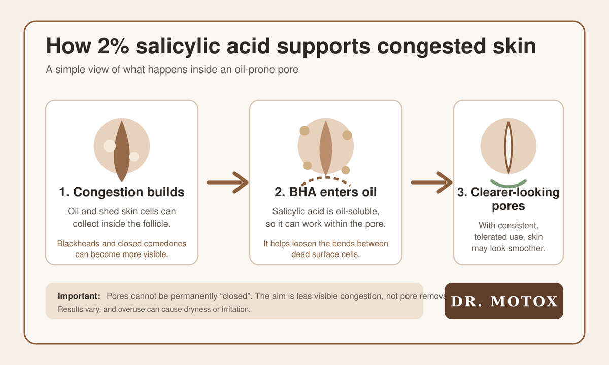 Dr Motox diagram explaining how 2% salicylic acid helps reduce pore congestion.