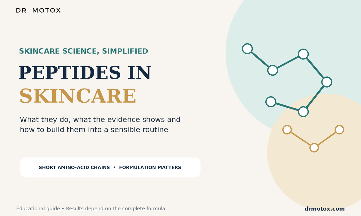 Peptides in skincare guide showing a stylised amino-acid chain and the importance of formulation