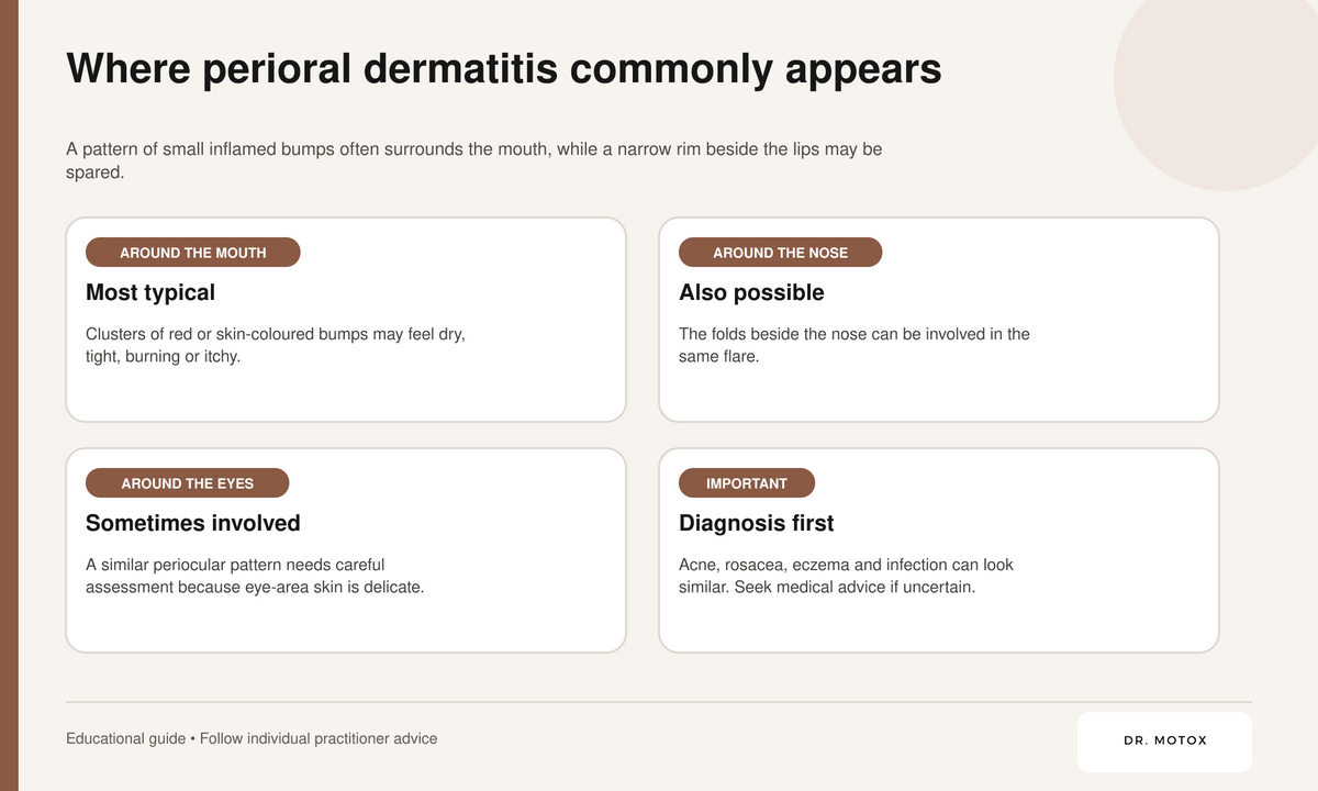 Dr Motox educational guide showing where perioral dermatitis commonly appears around the mouth, nose and eyes.