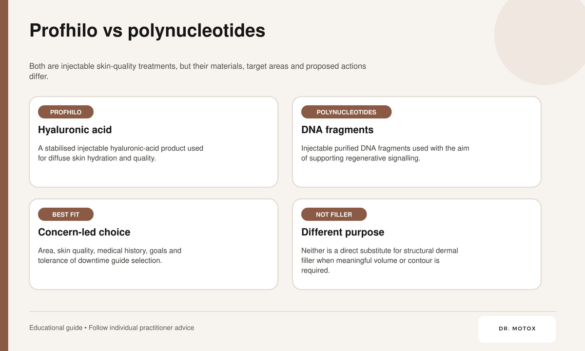 Dr Motox comparison of Profhilo and polynucleotide skin-quality treatments, including materials, goals and differences.