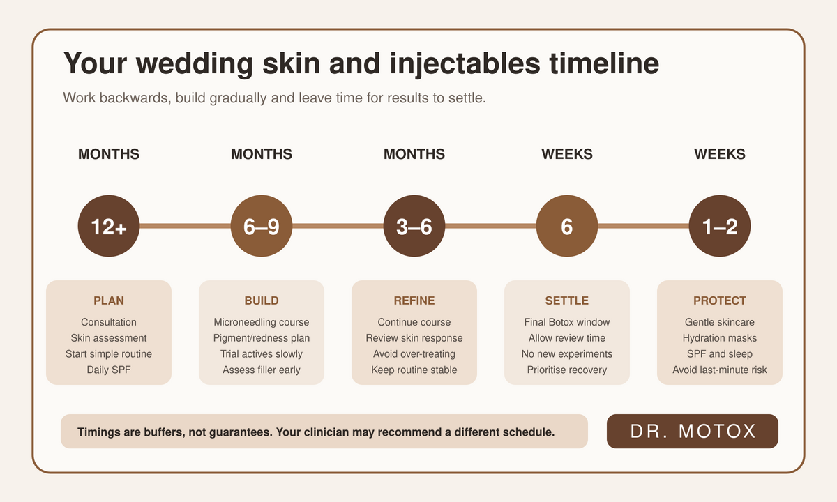 Twelve-month wedding skincare and injectables timeline showing when to plan, build, refine, settle and protect