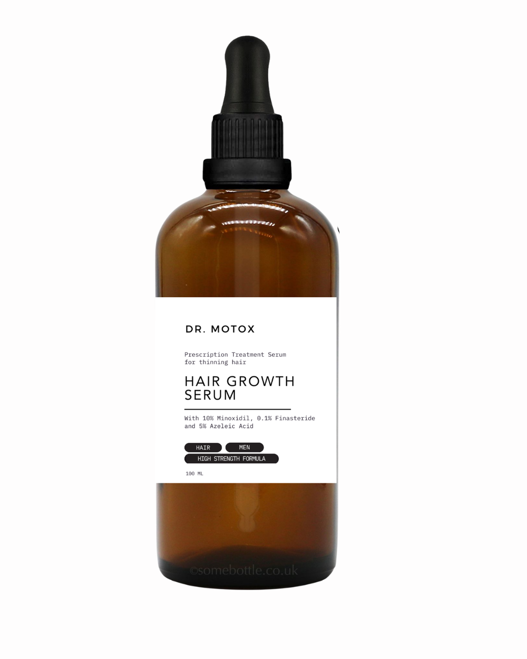 Dr Motox male hair growth serum in a sleek bottle, designed to promote hair density and strengthen hair strands.