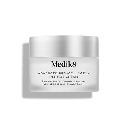 Dr Motox Medik8 Advanced Pro-Collagen Multi-Peptide Firming Serum in a skincare bottle with a sleek design.