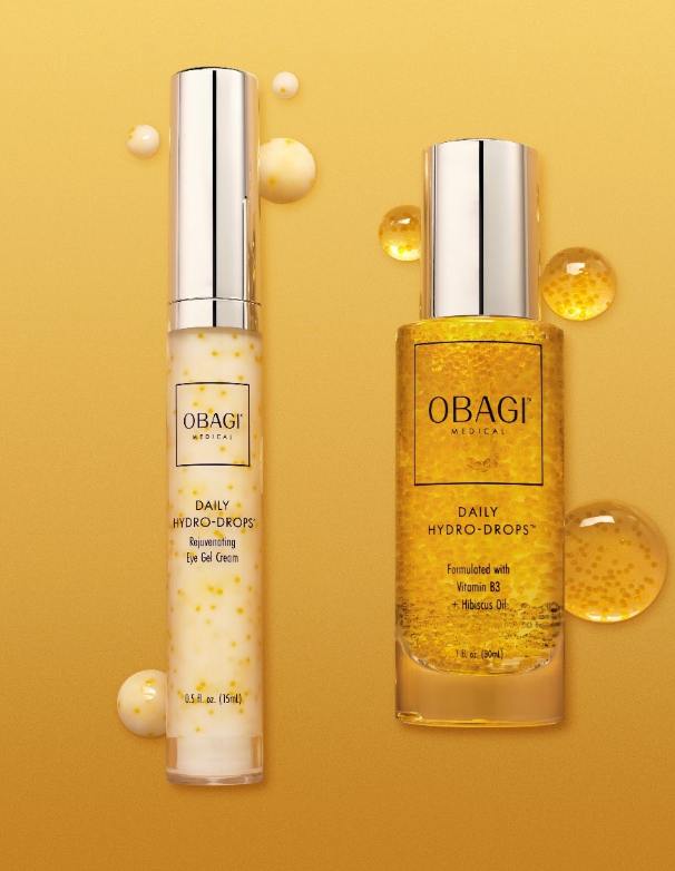 Dr Motox Obagi Hydro-Drops and Hydro-Drops Eye skincare duo with face and eye hydration products in sleek bottles.
