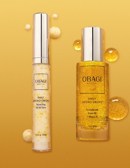 Dr Motox Obagi Hydro-Drops and Hydro-Drops Eye skincare duo with face and eye hydration products in sleek bottles.