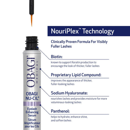 Obagi Nu-Cil eyelash enhancing serum in 3ml tube, designed to improve lash length and fullness, eye, lash, and brow product.