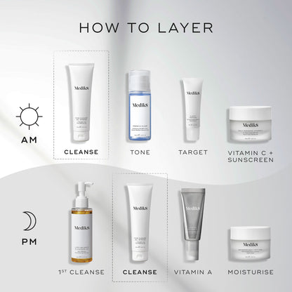 Medik8 Pore Cleanse Gel™ Intense purifying gel cleanser for skincare with a clear gel texture and clean packaging.