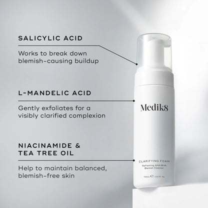 Medik8 Clarifying Foam Cleanser for deep pore cleaning, featuring a foamy texture and a gentle facial cleanser for clear skin.