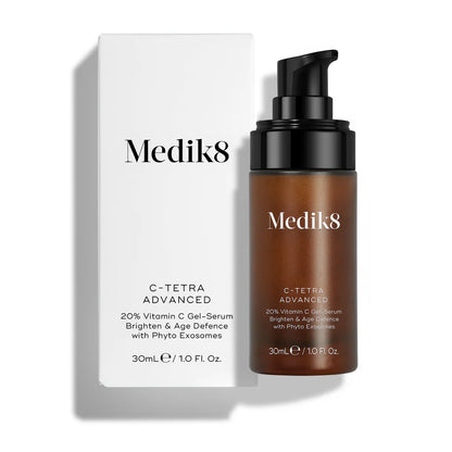 Medik8 C-Tetra Advanced vitamin C brightening serum in a sleek skincare bottle, designed to boost skin radiance and even tone.