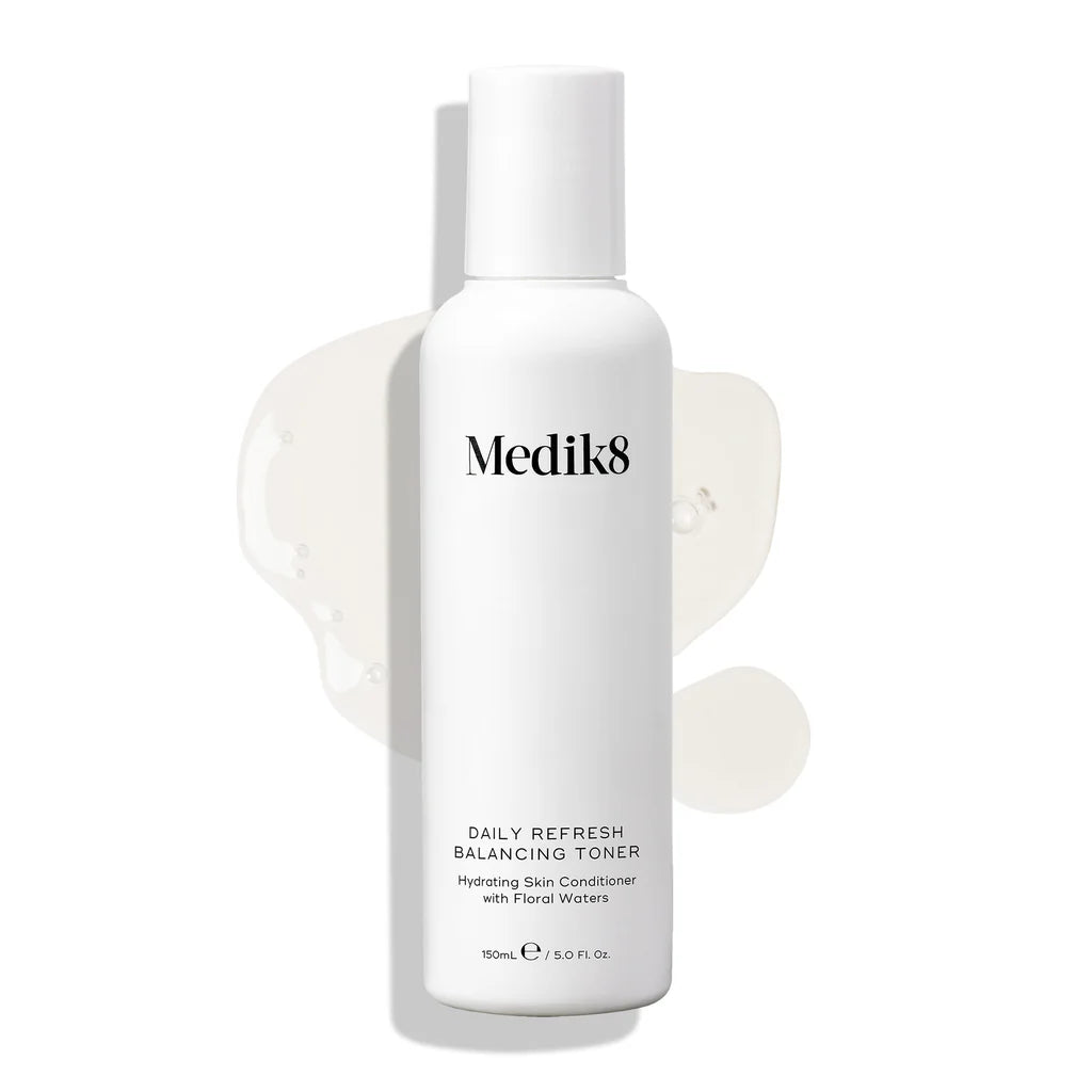 Medik8 Daily Refresh Balancing Hydrating Toner in a clear bottle with a white cap, designed for skincare and skin hydration.