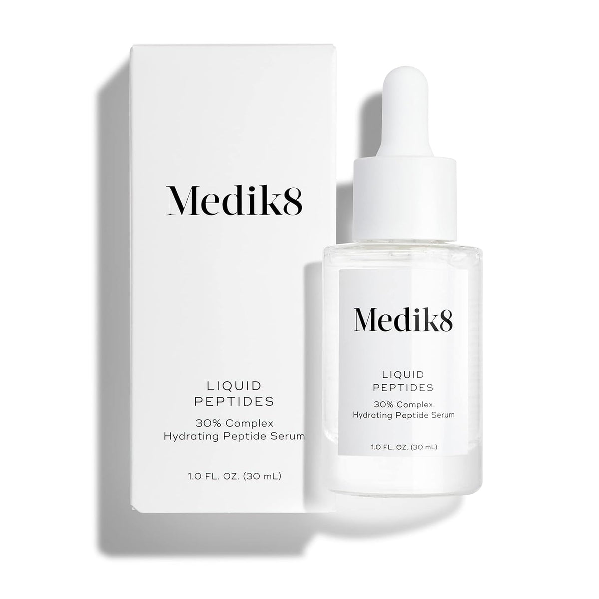 Medik8 Liquid Peptides™ multi-peptide serum in a clear dropper bottle, showing the skincare product for skin renewal and anti-aging.