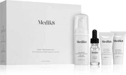 Medik8 Post-Treatment Kit for skin recovery and barrier repair, featuring skincare essentials in a clean, professional set.