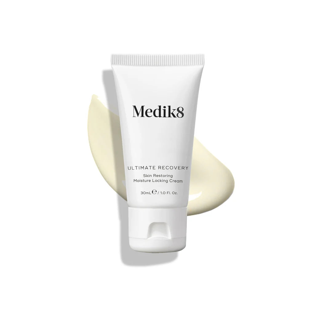 Medik8 Ultimate Recovery skincare cream in a jar, showing the nourishing cream for intensive skin repair and barrier support.