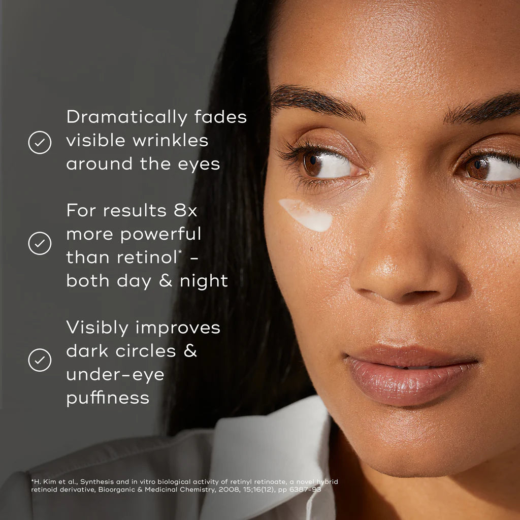 Medik8 R-RETINOATE® Day &amp; Night Eye Serum in a sleek skincare bottle, designed to reduce puffiness and fine lines around the eyes.