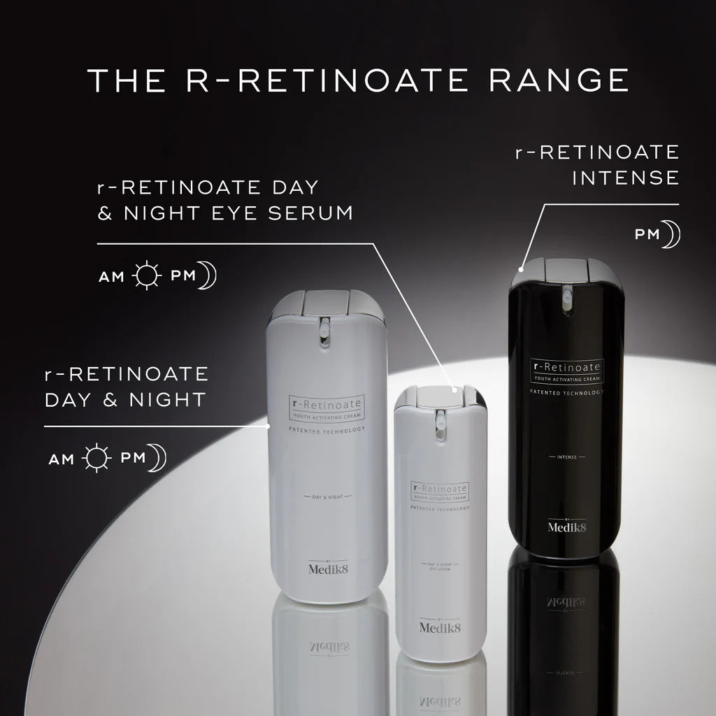 Medik8 R-RETINOATE® Day &amp; Night Eye Serum in a sleek skincare bottle with a pump dispenser, designed for eye area care.