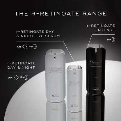 Medik8 R-RETINOATE® Day &amp; Night Eye Serum in a sleek skincare bottle with a pump dispenser, designed for eye area care.