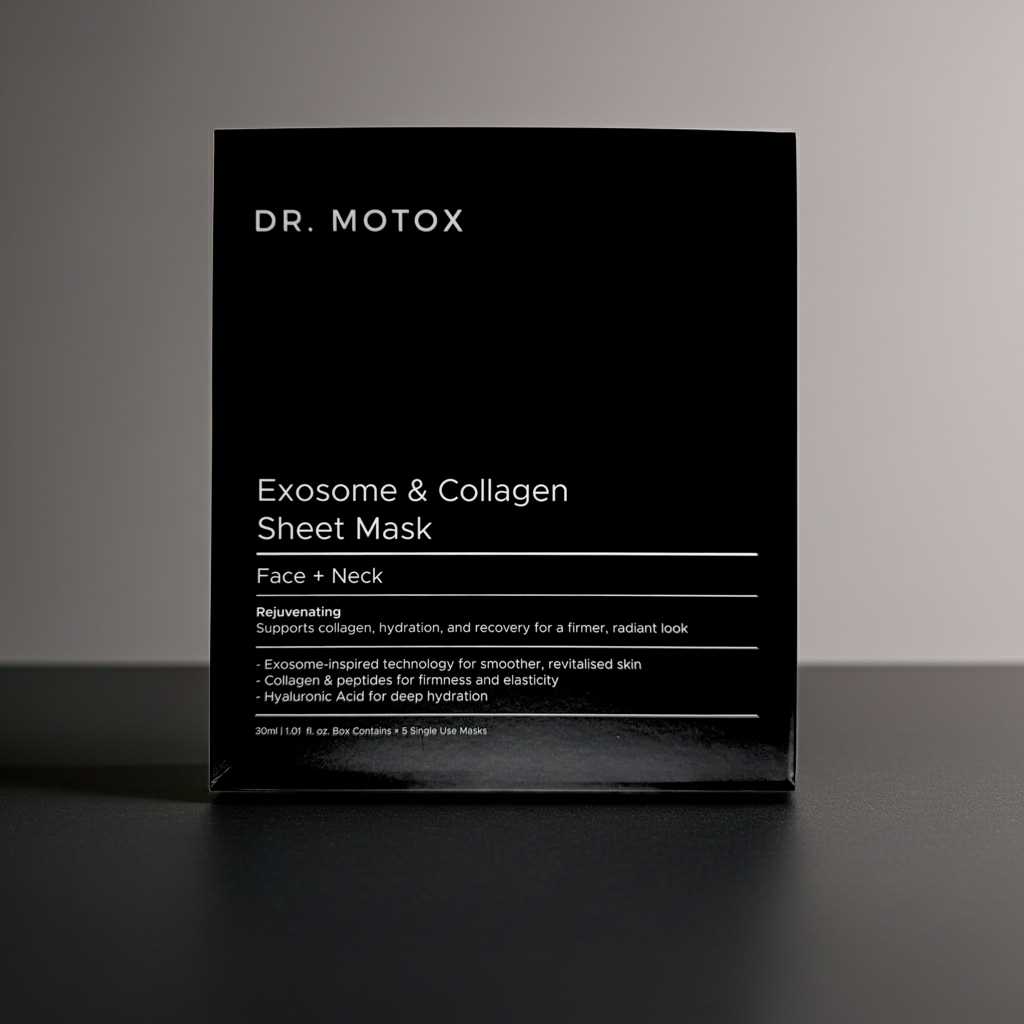 Dr Motox Exosome Collagen Sheet Mask for face and neck, pack of 5, hydrating skincare mask with collagen and nourishing ingredients.