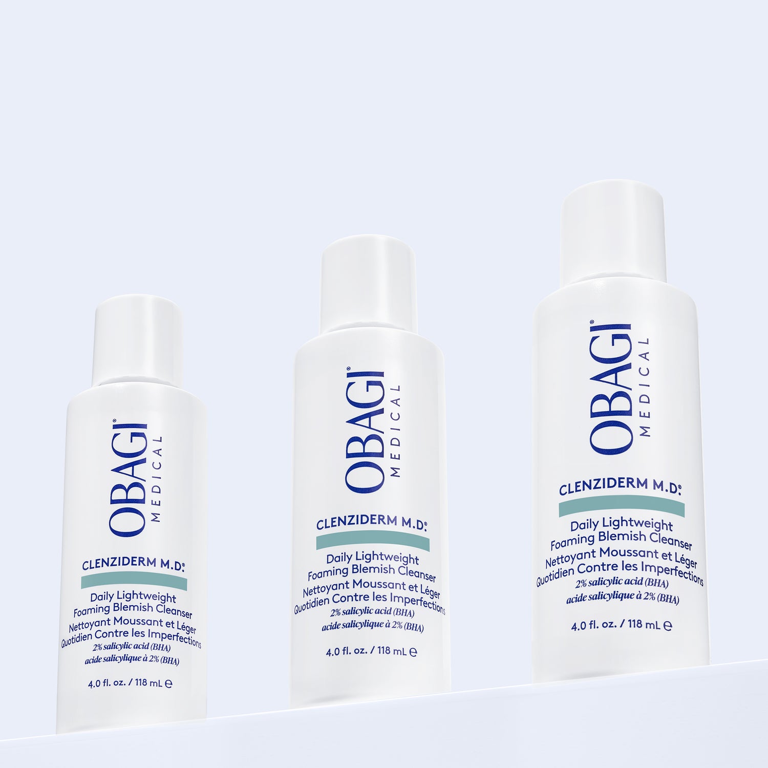 Obagi CLENZIderm M.D. Foaming Cleanser with 2% Salicylic Acid, in a white pump bottle, for clear, acne-prone skin.