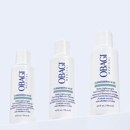 Obagi CLENZIderm M.D. Foaming Cleanser with 2% Salicylic Acid, in a white pump bottle, for clear, acne-prone skin.