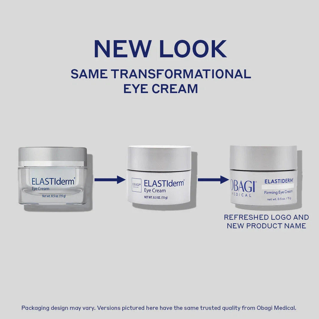 Obagi ELASTIderm Eye Cream in a jar, showing a smooth, firming eye treatment designed to reduce puffiness and fine lines.