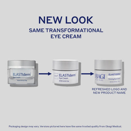 Obagi ELASTIderm Eye Cream in a jar, showing a smooth, firming eye treatment designed to reduce puffiness and fine lines.