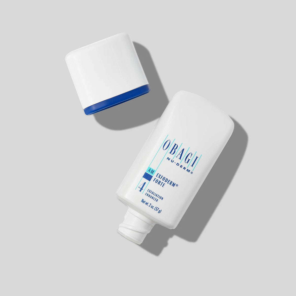 Open bottle of Obagi Nu-Derm Exfoderm Forte skincare with cap removed, showing the lightweight exfoliating lotion.