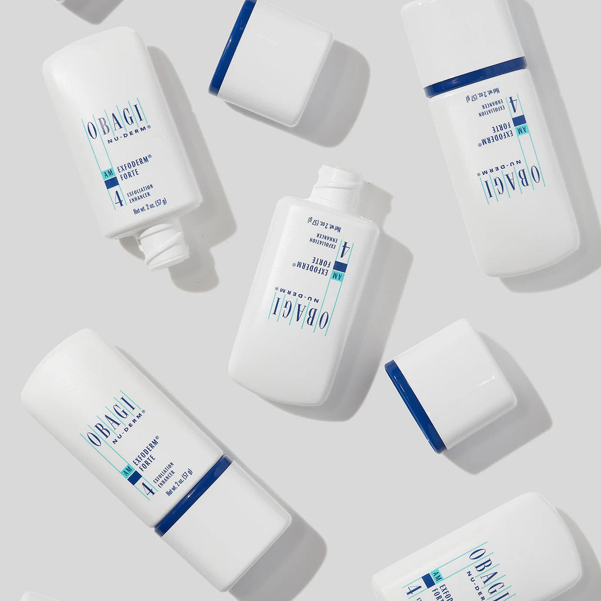 Obagi Nu-Derm Exfoderm Forte skincare cream in a white jar with blue and gold accents, designed for exfoliation and skin renewal.