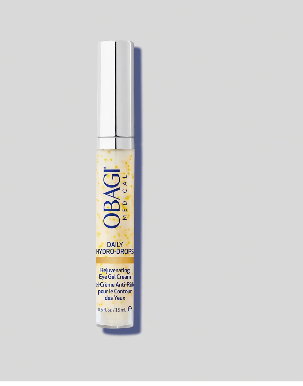 Obagi Daily Hydro-Drops® Rejuvenating Eye Gel Cream showing a clear gel in a sleek container with fresh cucumber slices and a soft towel.
