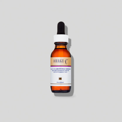Obagi Clarifying C Serum bottle, a skincare product with bright orange packaging and dropper applicator.