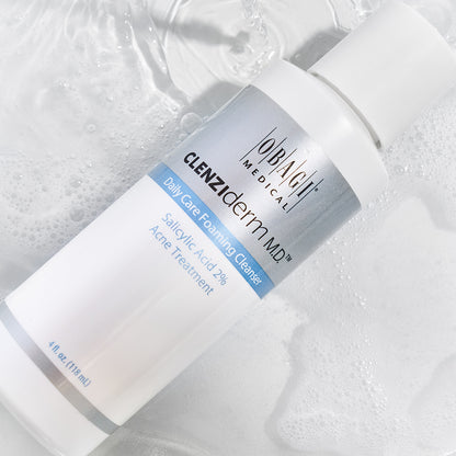 Obagi CLENZIderm M.D. Foaming Cleanser for acne-prone skin, with a clear pump bottle and foaming action for deep cleansing.