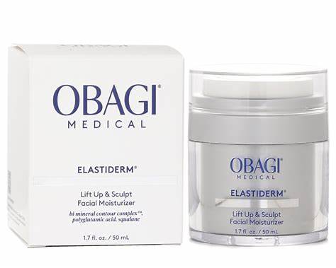 Obagi ELASTIderm Lift Up &amp; Sculpt Facial Moisturiser 50ml, a firming and sculpting hydrating skincare product in a white jar.