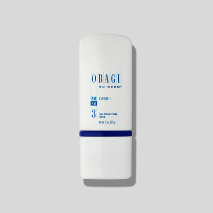 Obagi Nu-Derm 3 Clear FX skincare product in sleek bottle with label, designed for skin clarity and brightening.