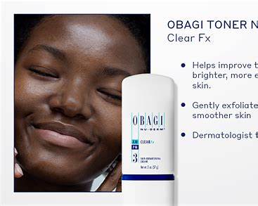 Obagi Nu-Derm 3 Clear FX skincare product in sleek packaging, designed for skin brightening and clarity.
