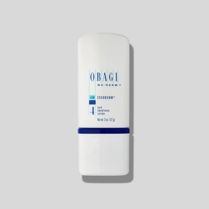 Obagi Nu-Derm 4 Exfoderm skincare product in a white tube with blue and silver accents, designed for exfoliating and brightening skin.