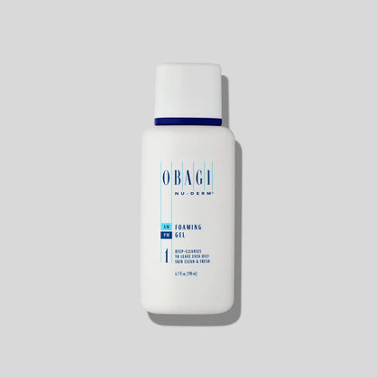 Obagi Nu-Derm Foaming Gel Cleanser for deep cleansing, featuring a clear gel formula for refreshing skincare.